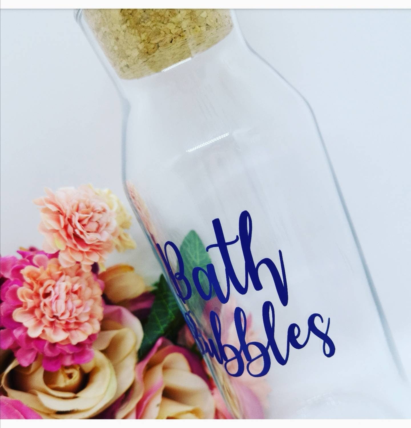 Bathroom glass bottle with stopper | Eco friendly reusable container | Custom Text |